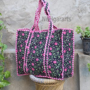 Floral Printed Quilted Tote Bag: Indian Handmade Cotton Shopping Bag