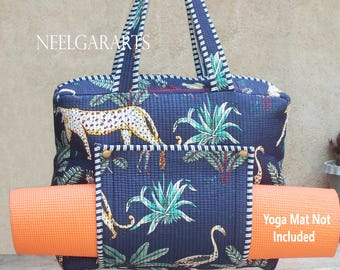 Borsa tote per tappetino da yoga trapuntata fatta a mano: borsa da viaggio con stampa giungla indiana