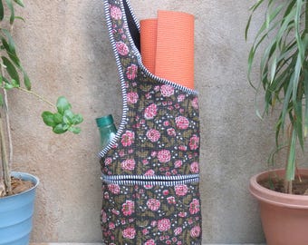 Hand Block Printed Cotton Quilted Yoga Mat Bag: Floral Print Gym Tote
