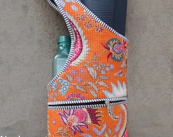 Bolsa para esterilla de yoga acolchada de algodón, ligera y con estampado floral naranja