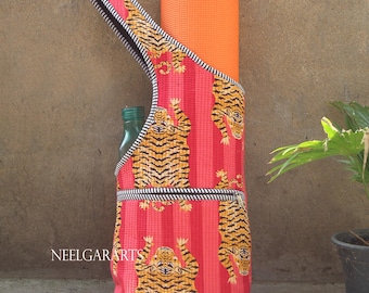 Quilted Cotton Yoga Mat Bag: Tiger Print Gym Bag with Pocket
