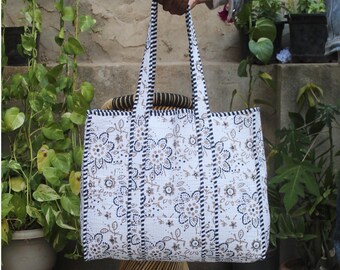 Hand Block Printed Cotton Quilted Tote Bag: Floral Shopping Bag