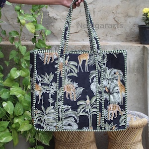 Quilted Multicolor Jungle Printed Tote Bag Indian Handmade Hand Bag Shopping Bag Animal Print Woman Tote Shoulder Bag - Neelgar Arts