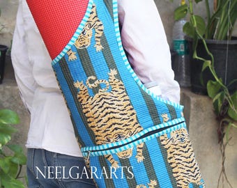 Bolsa para esterilla de yoga acolchada con estampado de tigre: bolsa de algodón hecha a mano