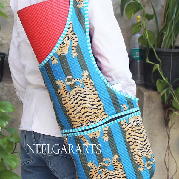 Bolsa para esterilla de yoga acolchada con estampado de tigre: bolsa de algodón hecha a mano