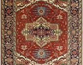 Hand Knotted 9x12 Rust and Blue Traditional Heriz Serapi Rug TRDCP85912