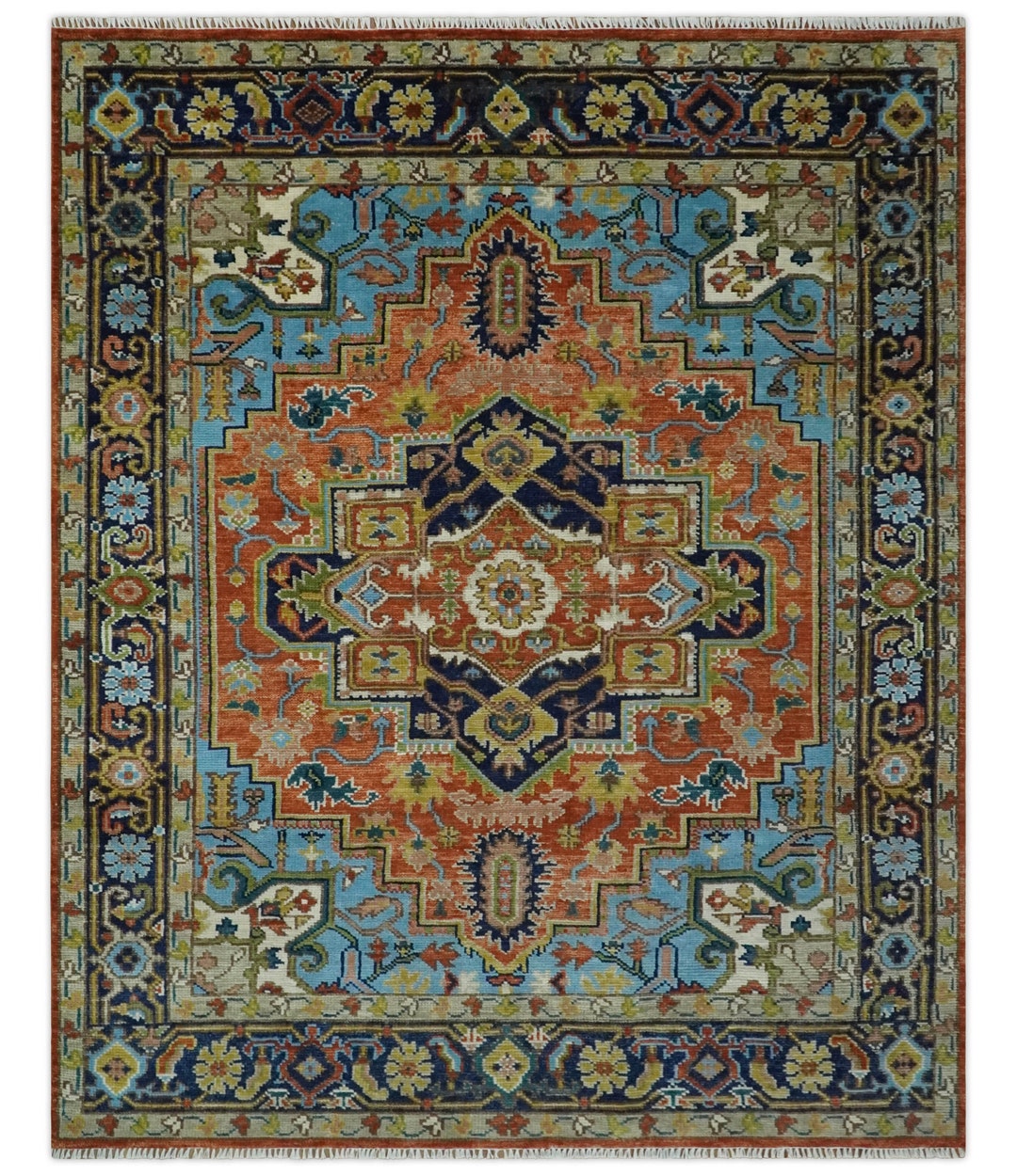 Ready to Ship 8x10 Rust and Blue Traditional Hand Knotted Wool Etsy