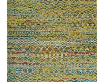 Hand Knotted Mustard, Aqua, Brown and Ivory 5.7x9 Modern Contemporary Southwestern Tribal Trellis Recycled Art Silk Area Rug