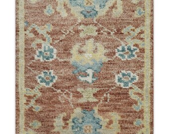 Small 2x3 Hand Knotted Peach, Beige and Teal Oriental Oushak Wool Rug