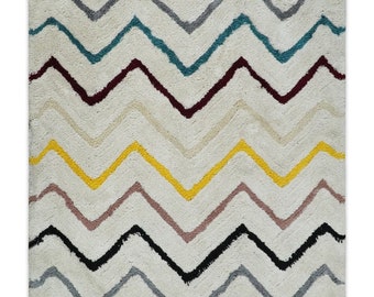 3x5, 4x6 and 5x7 Hand Woven Shag Ivory with multicolor Stripes Art Silk Soft Viscose Area Rug