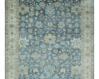Antique Teal Blue 6x9, 8x10, 9x12, 10x14 and 12x15 Hand Knotted Oriental Oushak  Ivory and Beige Wool Area Rug, Living Room Rug | TRD2760