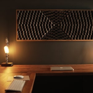 Panneau acoustique diffuseur de son noir grande oeuvre d'art murale en bois cadre en chêne rustique oeuvre d'art abstraite moderne en bois 3D image 2