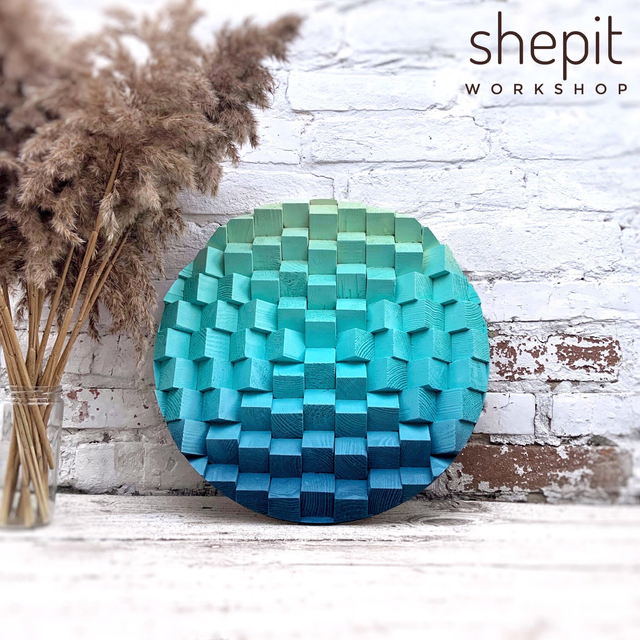 Round Wood Wall Art Circle Wall Decor Turquoise Etsy