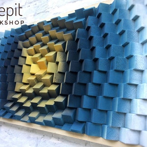 Wood Wall Art - Framed Wall Art - Original Artwork - Blue Gold White - Art Deco - Modern Abstract Wood Art - Sound Diffuser Panel