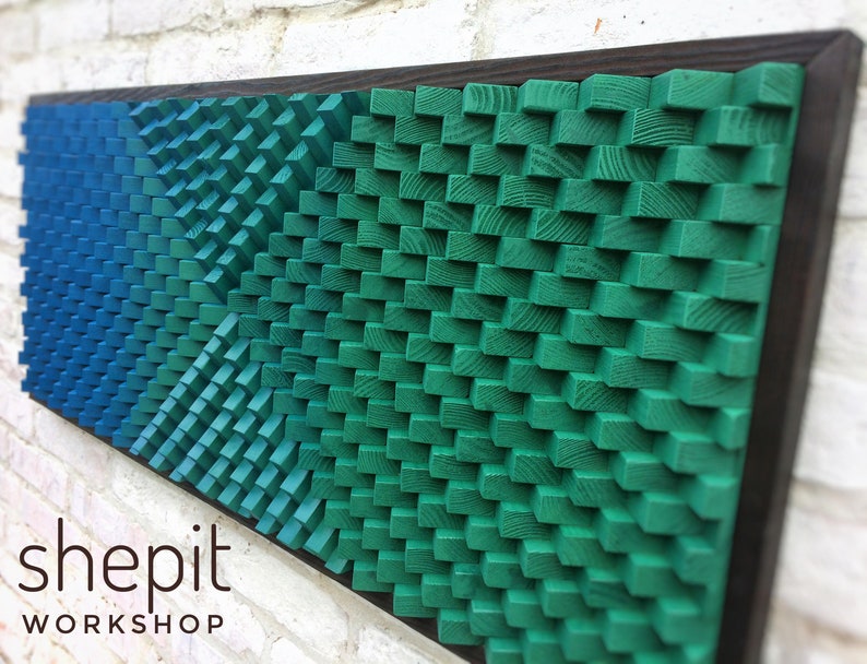 Acoustic Panel Large Wood Wall Art Blue Green Modern Abstract Artwork 3D Music Room Decor Gift Art Deco Boho Sound Diffuser image 3