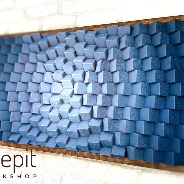 Wood Wall Art, Navy Blue Gray Wood Wall Art, Japandi Large Geometric Artwork, Sound Diffuser Acoustic Panel