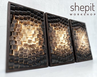 Set of 3 Acoustic Panels - Sound Diffusers - 3D Wood Wall Art - Yakisugi Shou - Holz Kunst Diffusor - Music Room Gift - Home Office Decor
