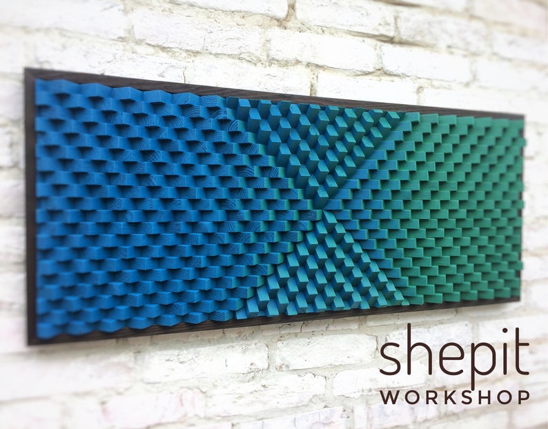 Acoustic Panel Large Wood Wall Art Blue Green Modern Abstract Artwork 3D Music Room Decor Gift Art Deco Boho Sound Diffuser image 5