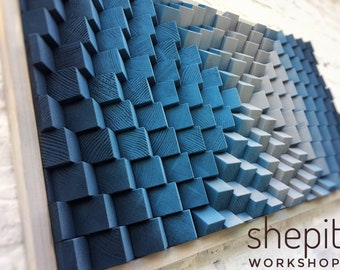 Acoustic Panel - Wood Wall Art - Large Artwork - Blue Gray Modern 3D - Sound Diffuser - Gift for Musician