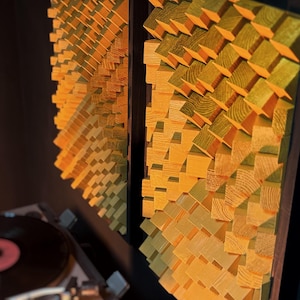 May include: Two wooden wall panels with a geometric pattern of squares and rectangles in shades of yellow and brown.