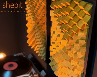 Lot de 2 panneaux acoustiques - diffuseurs de son - oeuvre d'art murale en bois - jaune moutarde - oeuvre d'art 3D moderne du milieu du siècle - décoration de salle de musique - cadeau pour homme