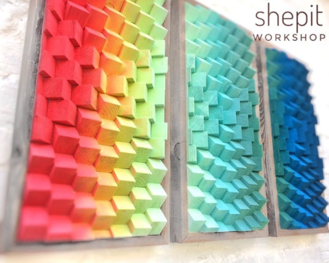 Rainbow Wood Wall Art Set of 3 Colourful Wall Art Extra Etsy