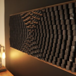 Akoestisch paneel - zwarte geluidsdiffusor - grote houten muurkunst - rustieke eiken lijst - moderne abstracte houtkunst 3D