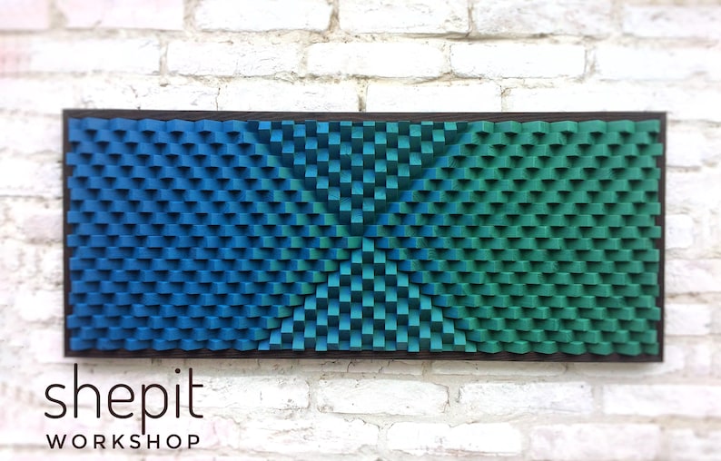 Acoustic Panel Large Wood Wall Art Blue Green Modern Abstract Artwork 3D Music Room Decor Gift Art Deco Boho Sound Diffuser image 1