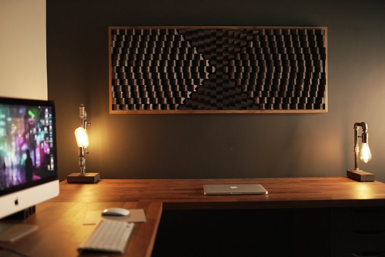 Panneau acoustique diffuseur de son noir grande oeuvre d'art murale en bois cadre en chêne rustique oeuvre d'art abstraite moderne en bois 3D image 2