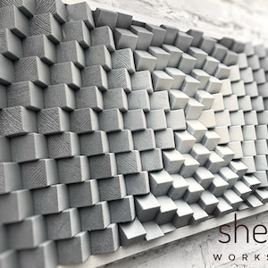 Wood Wall Art - Acoustic Panel - Sound Diffuser - Large Wood Wall Art - Grey White Wood Art 3D