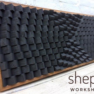 Acoustic Panel - Black Sound Diffuser - Large Wood Wall Art - Artwork Rustic Oak Frame - Home Office - Modern Abstract Wood Art 3D