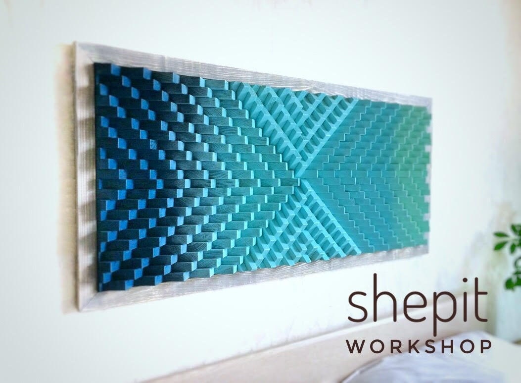 Wood Wall Art - Turquoise Blue Wood - Modern Abstract Wood Art - Large - Coastal - 3D - Sound Diffuser - Acoustic Panel - Office Artwork