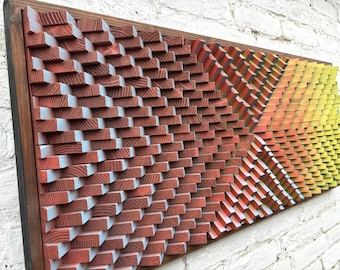 Lecticulat Wood Wall Art - Optical Effect Parametric - Sound Diffuser Acoustic Panel - Red Yellow Blue
