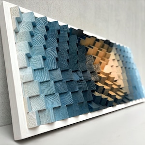 Wood Wall Art | Framed 3D Hangings | Navy Blue Beige White | Housewarming Gift | Modern Geometric Abstract Artwork | Large Neutral Decor