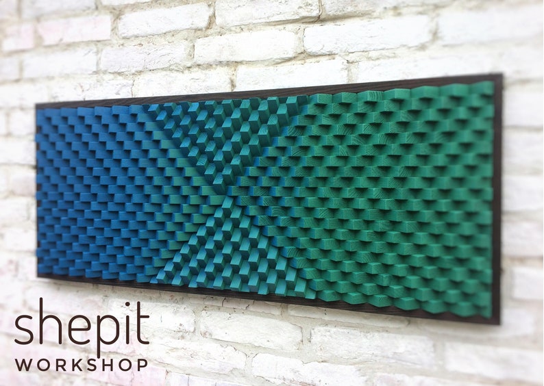 Acoustic Panel Large Wood Wall Art Blue Green Modern Abstract Artwork 3D Music Room Decor Gift Art Deco Boho Sound Diffuser image 4