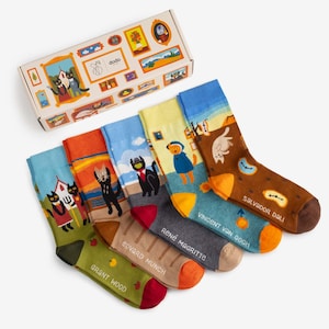 Juego de 5 pares de arte de gatos en caja de regalo / Caja de regalo de gatos / Calcetines coloridos para hombres y mujeres, regalo para él y para ella