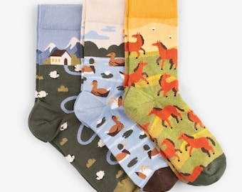 Cottagecore Socks Set Pack of 3, CuteFarm Animal Crew Socks
