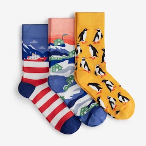 Pode incluir: Três pares de meias coloridas. Um par apresenta um padrão de listras vermelhas e brancas com punho azul e uma cena de montanha. Outro par tem uma cena de montanha azul, branca e rosa. O terceiro par é amarelo com pinguins pretos e brancos.