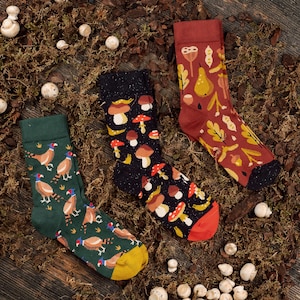 Può includere: Tre paia di calze con motivi distinti: un paio verde scuro con fagiani, un paio nero con funghi e lumache, e un paio color ruggine con pere, ghiande e foglie. Ogni calza presenta punta e tallone in un colore a contrasto.