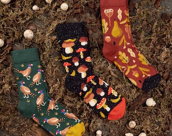 Mushroom Autumn Forest Socks Set 3-Pack, Pheasant Fall Crew Socks
