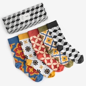 Set of 5 Pairs of Lviv tile Socks in Gift Box Tiles gift box colorful socks mens womens gift for him & her image 1