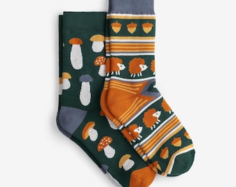 Hedgehog & Mushroom Socks 2-Pack - Fall Winter Cotton Blend