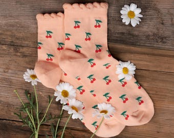 CuteCherry Socks with Ruffle Edge, Pink Frilly Crew Socks, Coquette Cottagecore Gift for Her