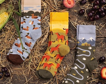 Cottagecore Socks Set Pack of 3, CuteFarm Animal Crew Socks