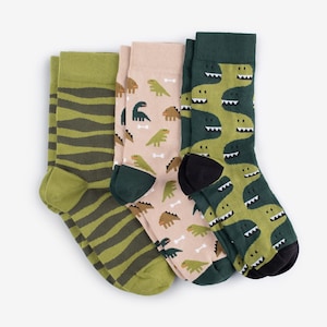 May include: Three pairs of socks in different designs. One pair is olive green with dark green stripes. Another is beige with green dinosaur and bone graphics. The third pair is dark green with a repeating dinosaur head pattern.