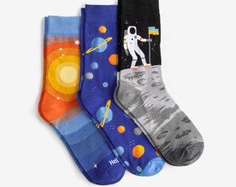 3 paires de chaussettes Space Oddity | Chaussettes colorées homme femme | Cadeau pour elle et lui | Cosmonautes et planètes