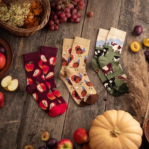 May include: Three pairs of patterned socks with an autumn theme. One pair features apple slices on a burgundy background, another has turkeys on a tan background, and the third has cows on a green background. The socks are arranged on a wooden surface with fall produce.
