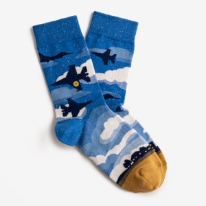 May include: A pair of blue socks with a white cloud and jet fighter pattern. The socks have a yellow heel and toe.