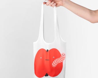 CuteFruit Pattern Grocery Bag, Funny Apple Worm Reusable Bag, AestheticSummer Beach Tote