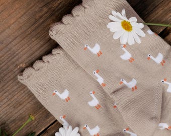 CuteGoose Socks with Ruffle Edge, AestheticAnimal, Cottagecore Gift for Her, Funny Duck